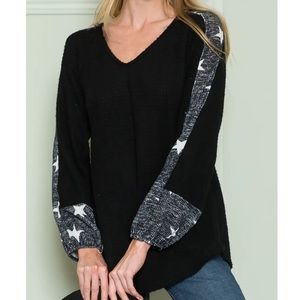 Black Waffle Knit Star Accent Long Sleeve Top